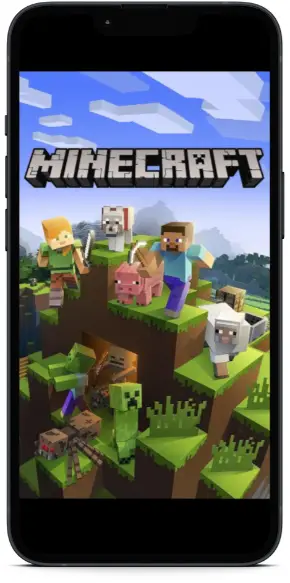 Minecraft APK app graphics in a smartphone mockup with characters and logo